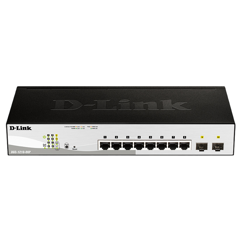 Коммутатор Настраиваемый L2 PoE-коммутатор, 8x1000Base-T PoE, 2х1000Base-X SFP, PoE-бюджет 65 Вт, упрощенный интерфейс CLI (D-Link DGS-1210-08P/G3A) DGS-1210-08P/G3A