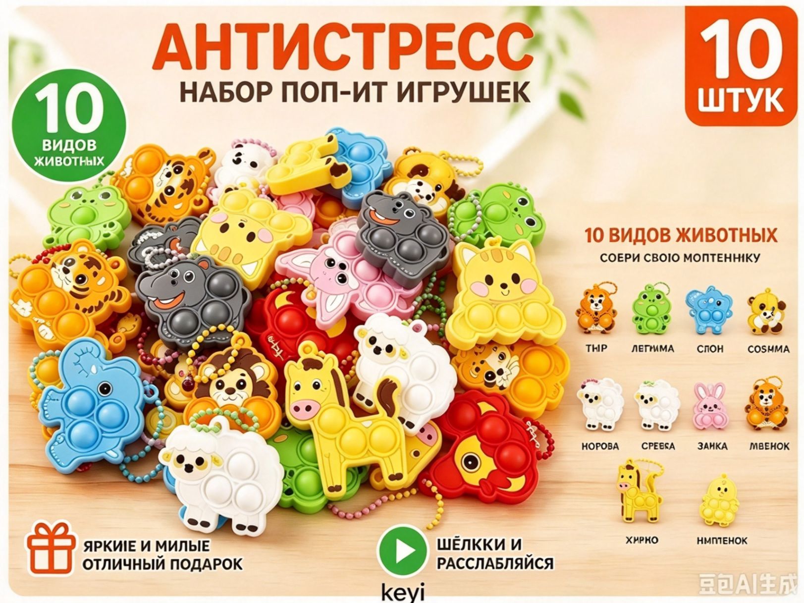 Антистресс игрушки Поп Ит, набор 10 шт, 10 видов животных, силиконовые брелоки, развивающие игрушки для детей и