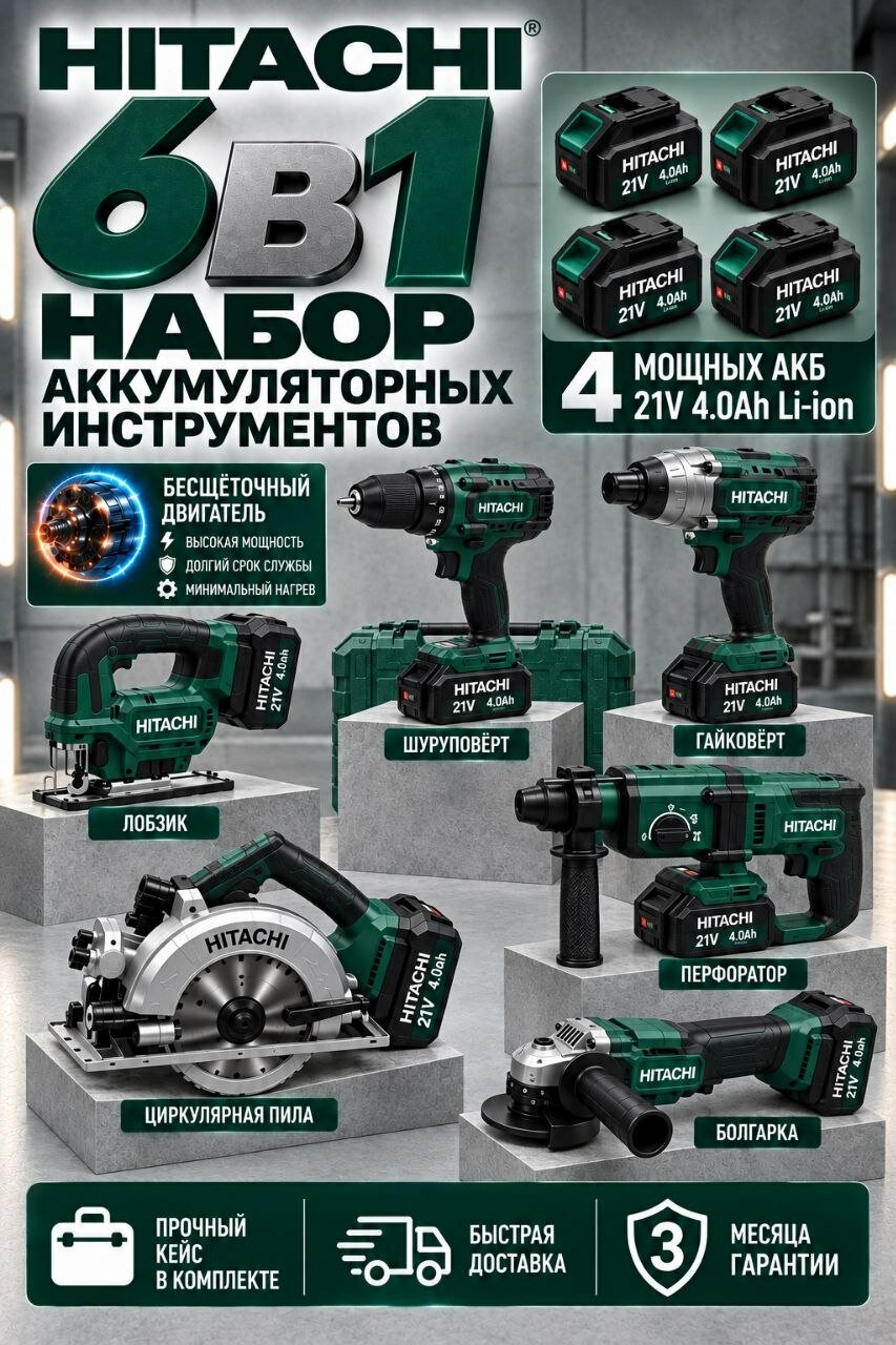 Набор аккумуляторных инструментов HITACHI 6в1 Шуруповерт Лобзик Перфоратор Циркулярная пила Болгарка Гайковерт