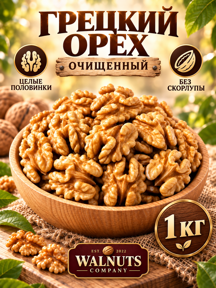 Грецкие орехи бабочки очищенные без обжарки 1000 грамм, сладкий орех без горечи "WALNUTS"