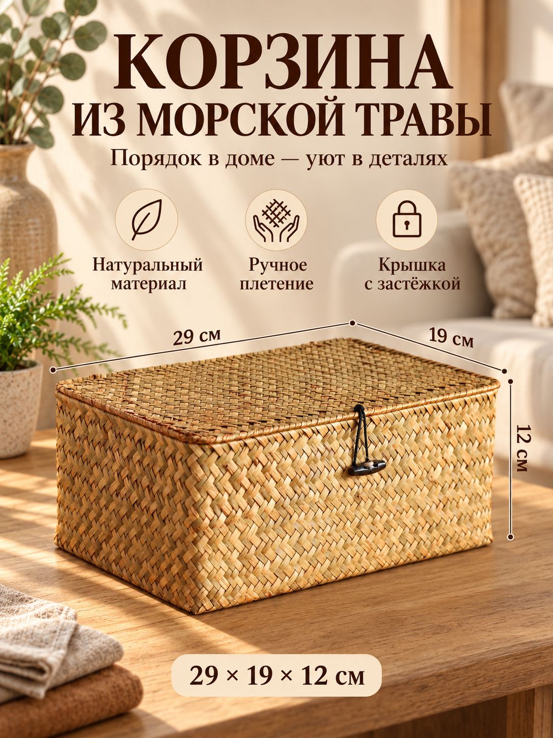 Контейнер для хранения вещей длина 29 см, ширина 19 см, высота 12 см, 1 шт, бежевый