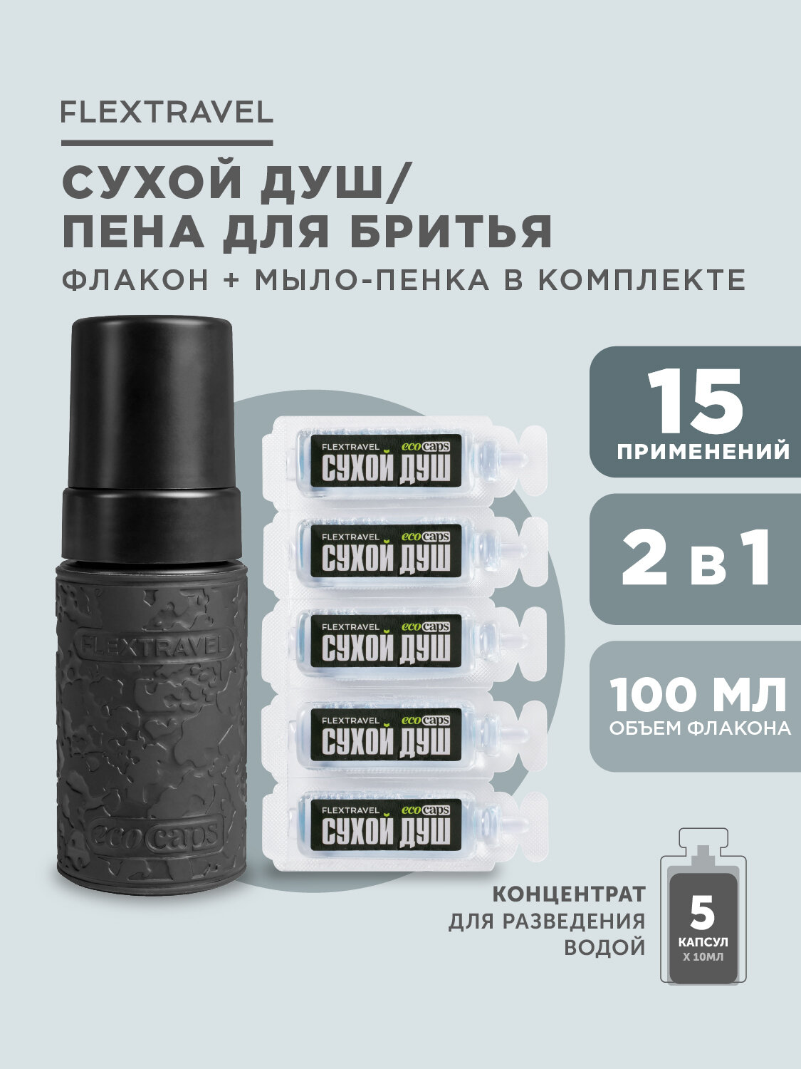 Сухой душ походный, комплект для личной гигиены, средство для мытья и ухода за телом черный флакон + 5 капсул