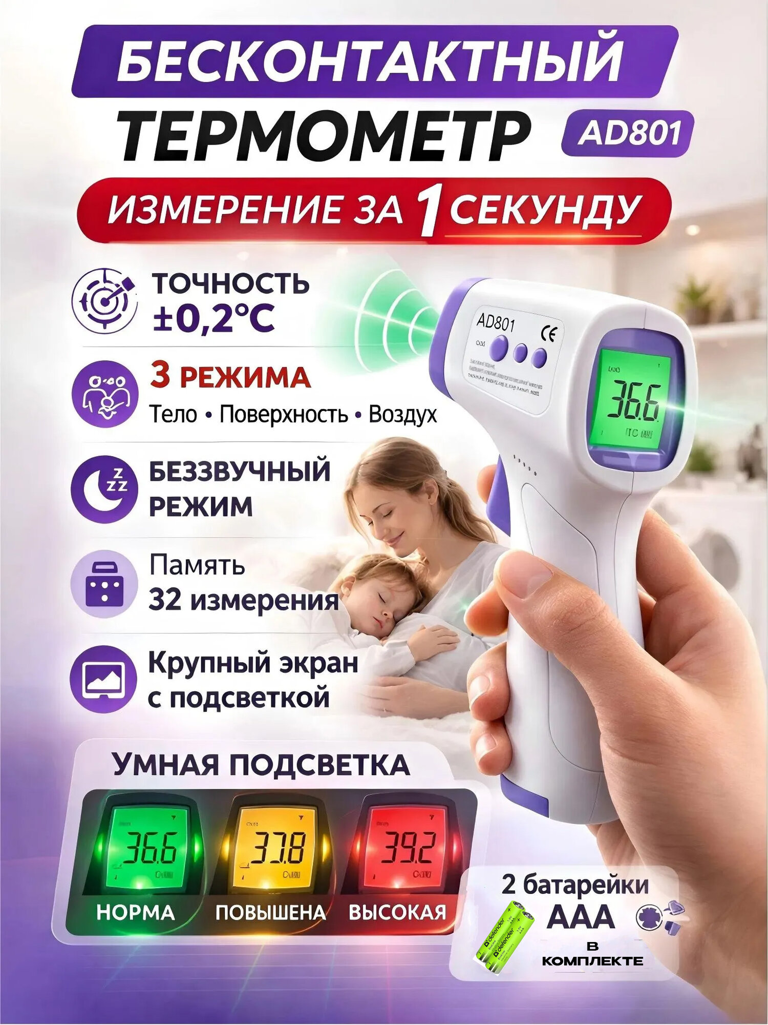 Инфракрасный бесконтактный термометр , лобный, для детей и взрослых, измерение за 1 секунду