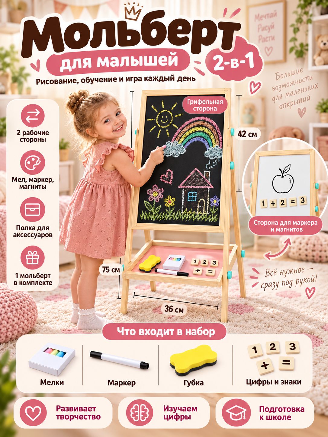 Двусторонняя детская магнитная доска для рисования фломастером и мелом деревянный напольный мольберт с регулировкой высоты
