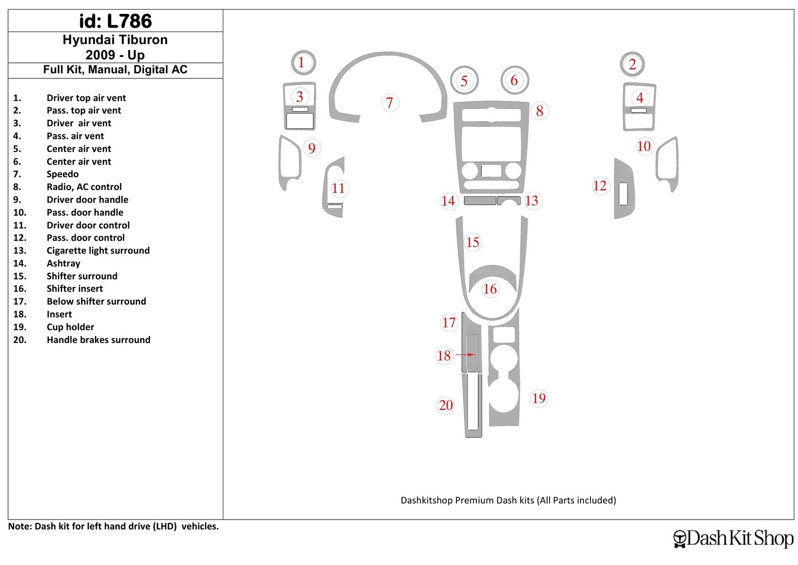 Декоративные накладки салона для Hyundai Tiburon 2009-UP. Комплект L786.