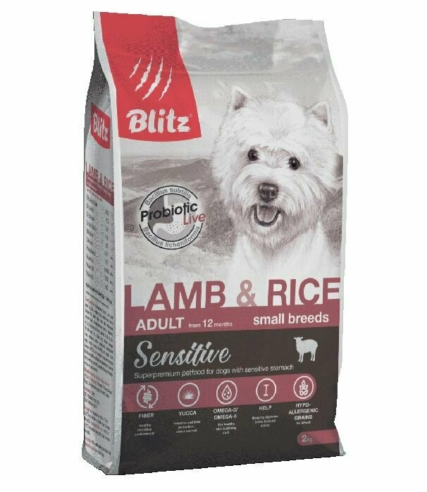 Сухой корм для взрослых собак мелких пород Blitz 2кг Adult Sensitive Small Breed Lamb&Rice Ягненок и рис