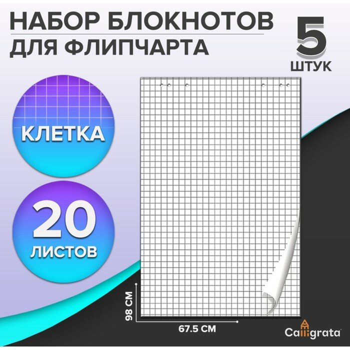 Calligrata Набор блокнотов 5 штук для флипчарта, 67,5 х 98 см, 20 листов в клетку, 92%, 80 г/м2, Calligrata