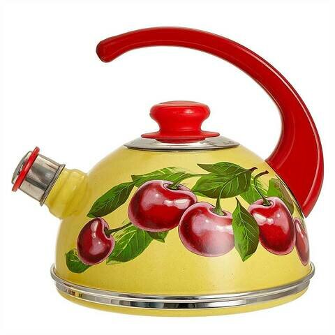 фото Чайник 2,5л. (конс. ручка) - желтый / вишневый сад (декор - нерж. сталь на красн