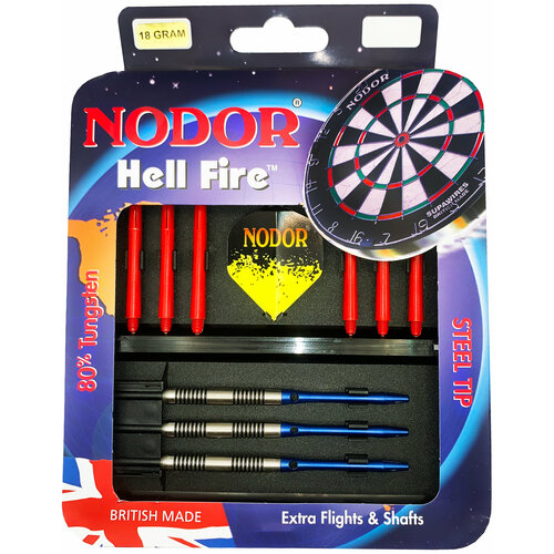 Набор вольфрамовых дротиков 18гр Nodor Hell-Fire steeltip и аксессуаров для Дартс (профессиональный уровень) синий, серебристый