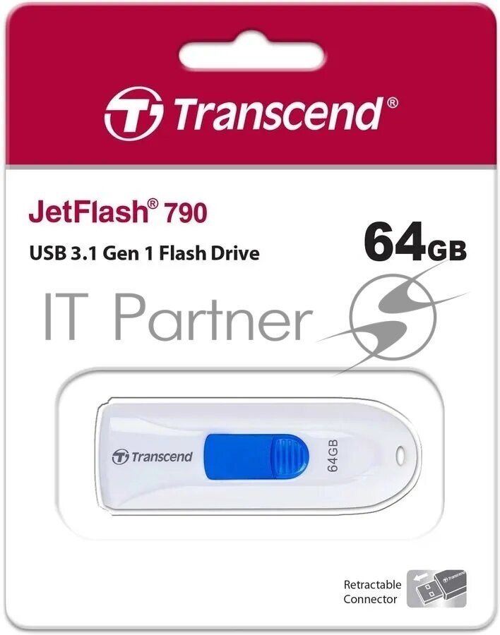 Флеш Диск 64GB Transcend JetFlash 790, USB 3.0, Белый/Синий