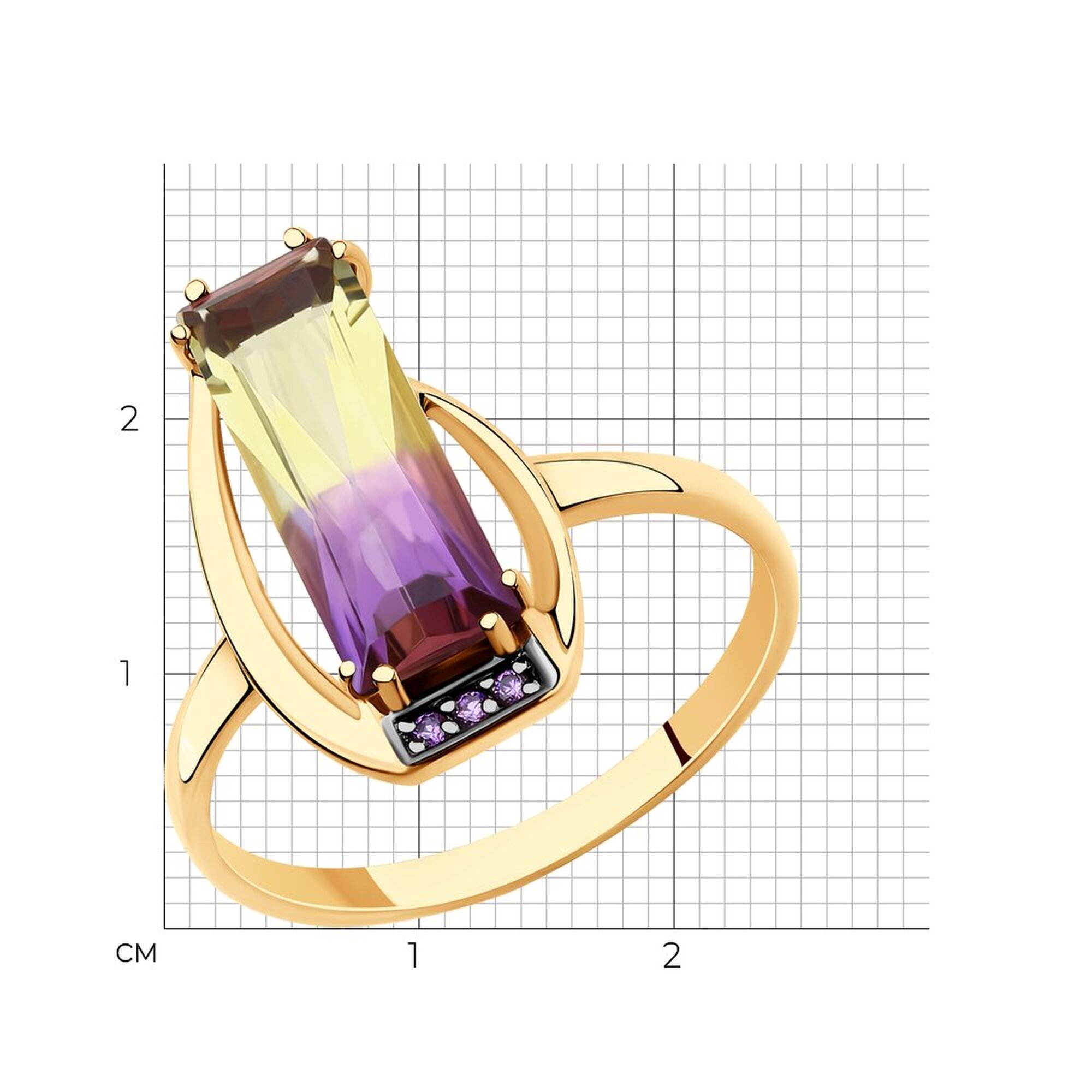 Кольцо Diamant online, красное золото, 585 проба, фианит, аметрин, размер 18, ширина 16 мм, микс — фото 1