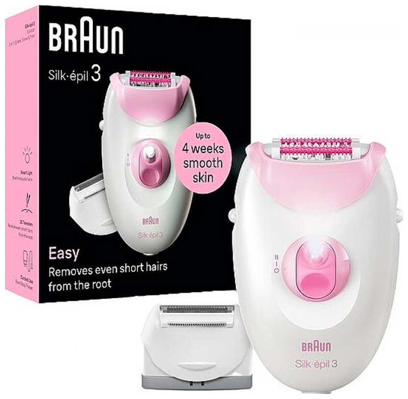 Эпилятор Braun S3 SE 3-031, белый/розовый, тип 5320, с бритвенной насадкой, сухая эпиляция, от сети — фото 1