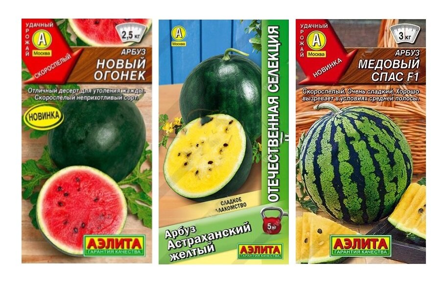 Набор семян арбуза Сахарок (Арбуз Новый Огонек, Астраханский желтый, Медовый спас)