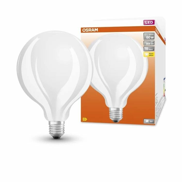 1шт/уп. Лампа LED Шар 7W 220-240V E27 G125 806Лм 2700К Угол 300 град. D-125mm L-178mm Филаментная Стекло Свет Теплый белый OSRAM уп. 1шт