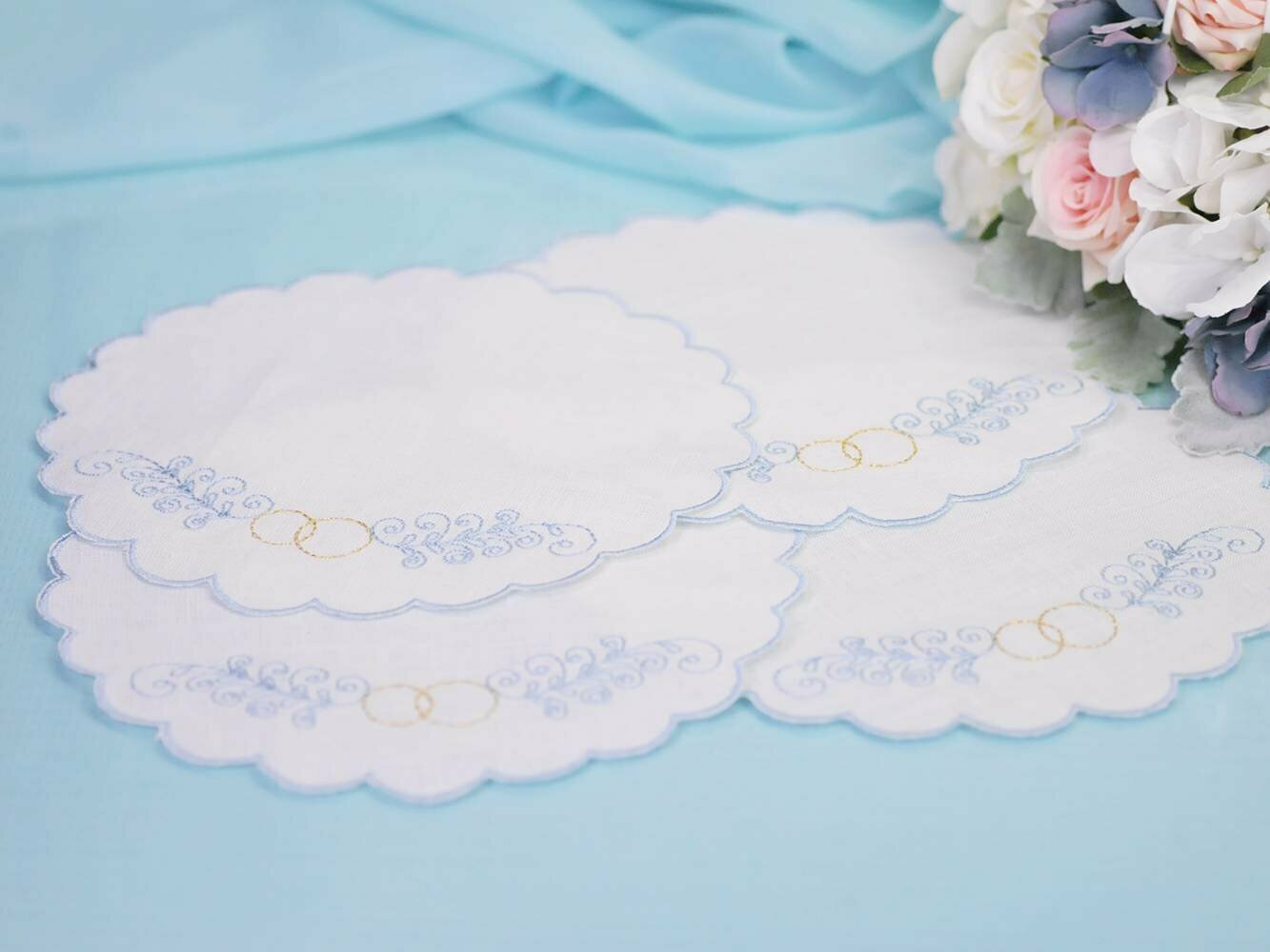Салфетки для венчания S-02, 2 шт голубая вышивка, размер 20х20см