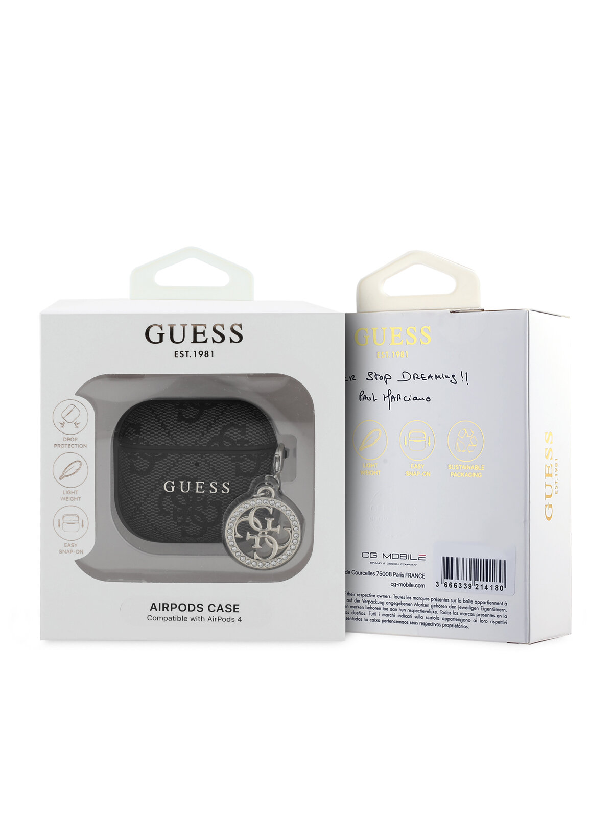 Guess для Airpods 4 чехол PU leather 4G with Classic metal logo and Diamond charm Black — фото 1