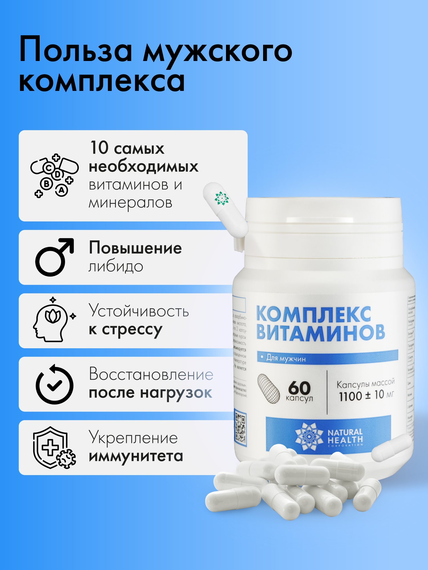 Картинки Витамины для мужчин, комплекс спортивный с цинком, l аргинином, инозитолом, пиридоксином, Natural Health, 60 капсул