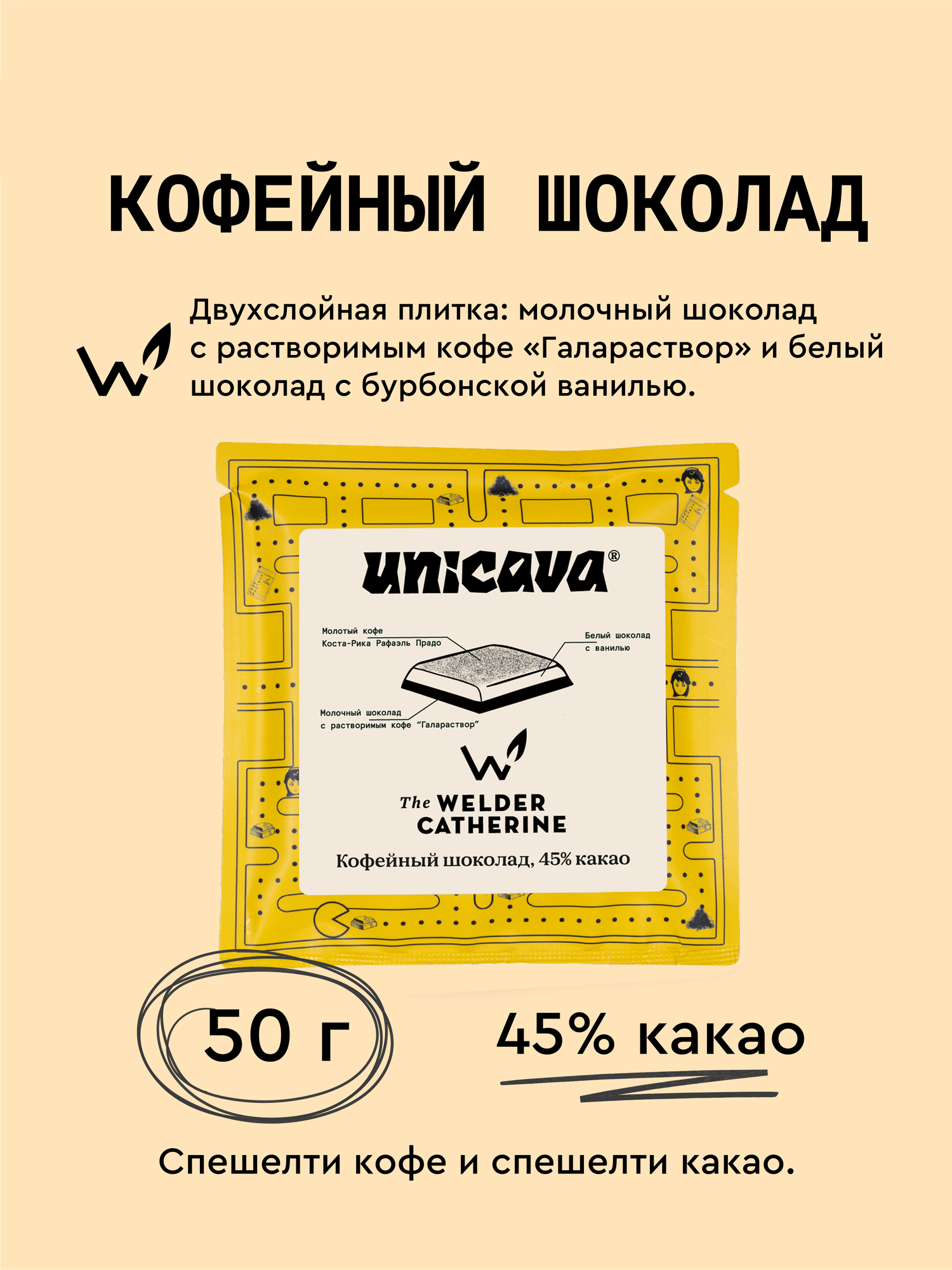 Кофейный шоколад The Welder Catherine x UNICAVA - 1 плитка, 45%, 50 гр
