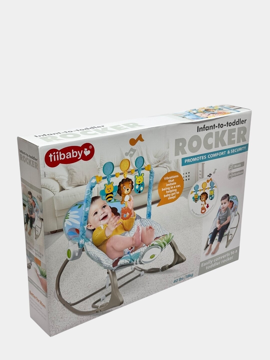 Качалка-шезлонг Tiibaby 2в1, с вибрацией и музыкой, для новорожденных Код. 28144