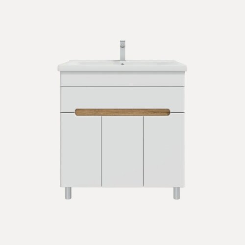 Изображение товара Тумба с раковиной SanStar Модена 80 напольная, 80, 5 см, белая, светлое дерево, глянцевая, из МДФ, с ящиками, с дверками, раковина для ванной, фарфоровая, прямоугольная