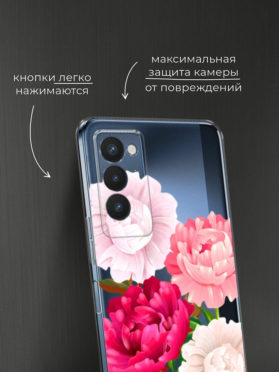 Чехол на Tecno Camon 18P / Техно Камон 18Р с принтом "Большие пионы", прозрачный — фото 1