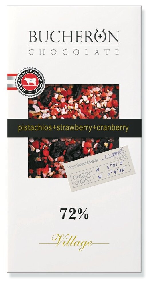 Шоколад горький BUCHERON с клюквой,клубникой и фисташками в картоне 100г