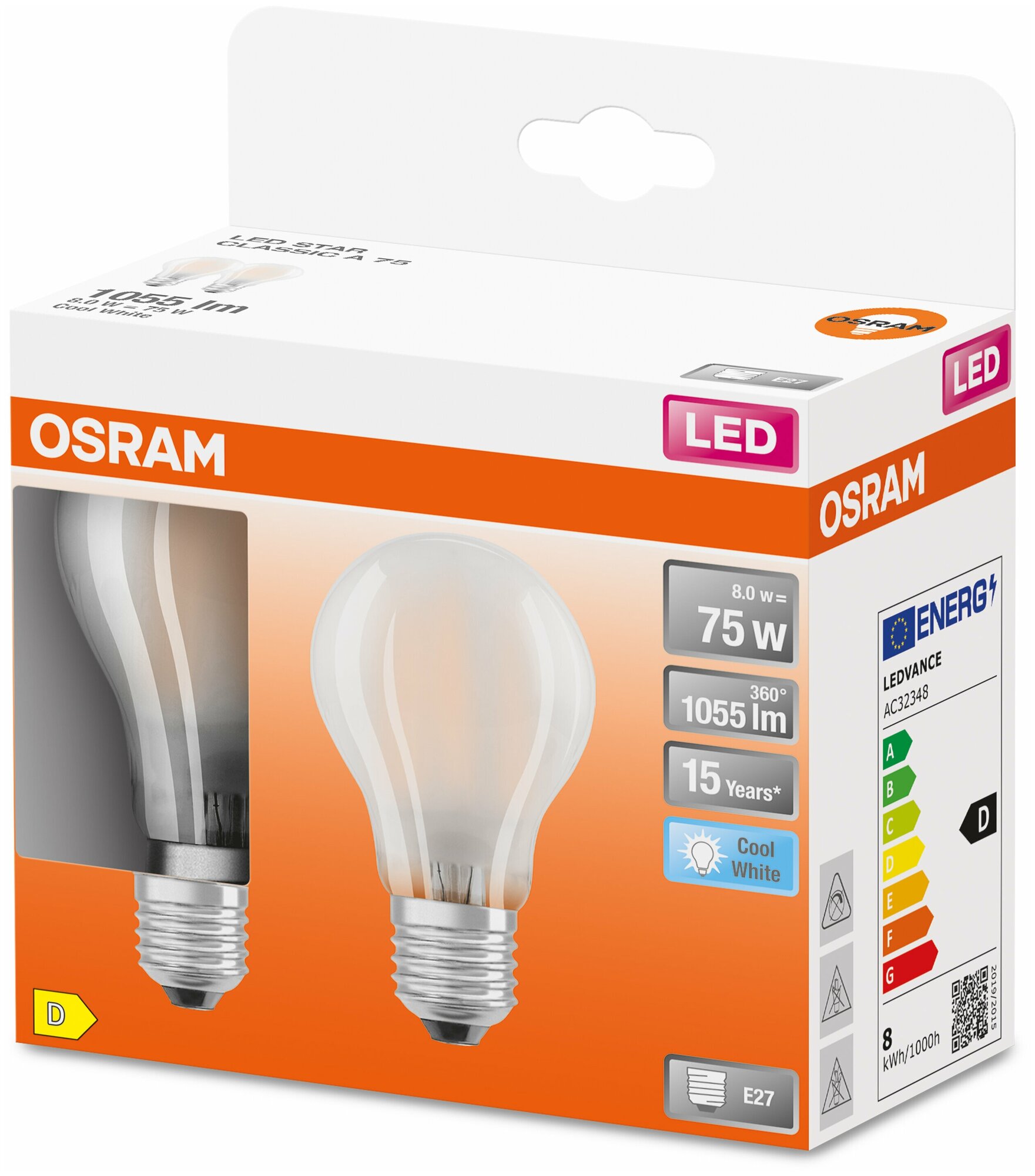 LEDSCLA75 7,5W/840 230VGL FR E27 Экопак1X2лампы OSRAM - филамент лампа