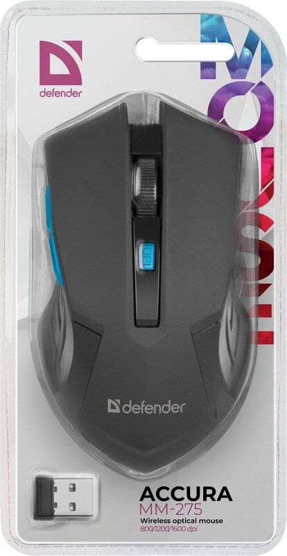 Беспроводная мышь Defender Acura MM-275, USB, 6 кнопок,800-1600dpi, синий