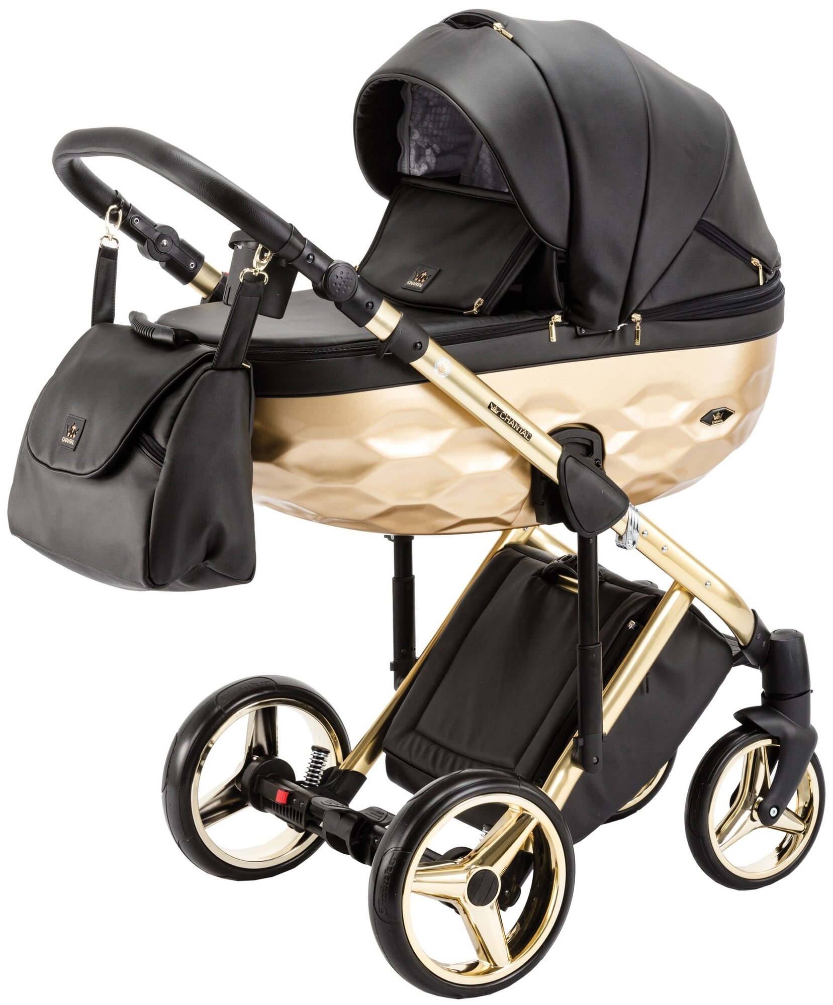 Коляска для новорожденных Adamex Chantal Star Deluxe, прогулочная универсальная детская коляска 2 в 1 черная эко-кожа с золотом