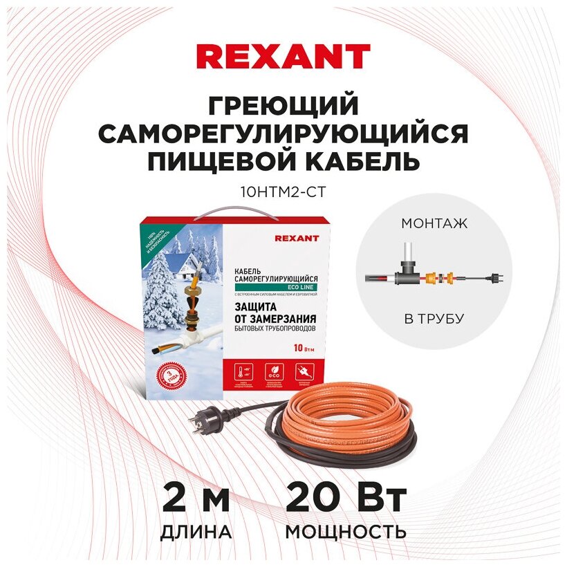 Кабель греющий саморегулирующийся REXANT 10HTM2-CT, в трубу, 2 м/20 Вт