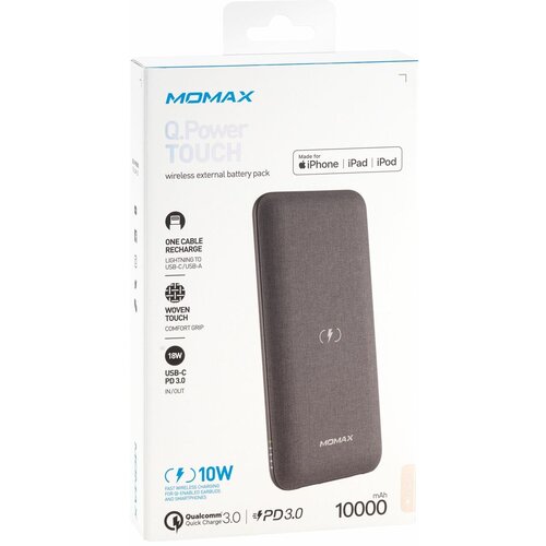 Дополнительный аккумулятор Momax Q.Power MFI Touch Wireless Charging Power Bank темно-серый (10000mAh)