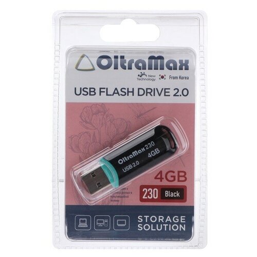 Флешка OltraMaх 230, 4 Гб, USB2.0, чт до 15 Мб/с, зап до 8 Мб/с, чёрная флешка oltramaх 30 64 гб usb2 0 чт до 15 мб с зап до 8 мб с чёрная