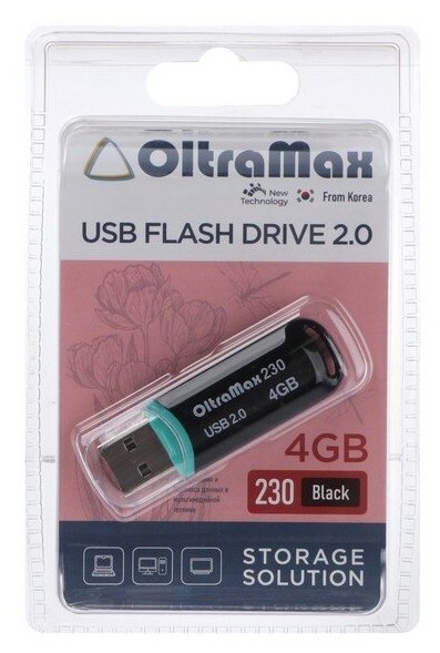 OltraMax Флешка OltraMax 230, 4 Гб, USB2.0, чт до 15 Мб/с, зап до 8 Мб/с, чёрная