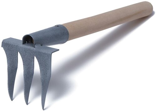 Малые прямые грабли, 3 витых зубцов, длина 40 см, металл, деревянная ручка