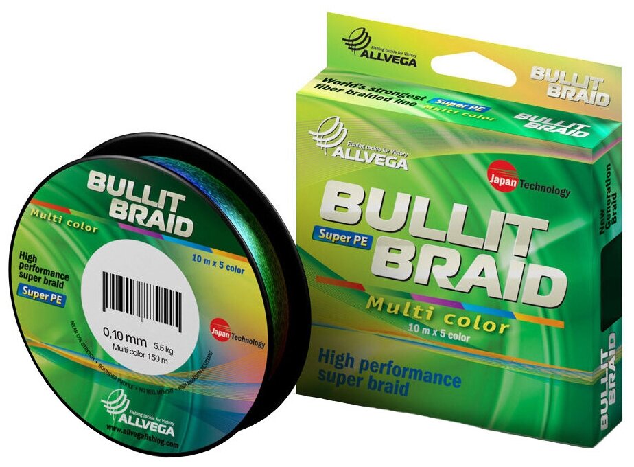 Шнур плетёный ALLVEGA Bullit Braid 150м мультиколор 0,10мм (5,5кг)