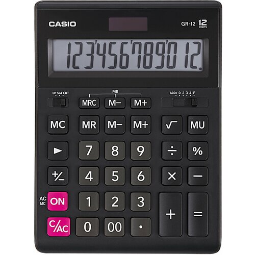 Калькулятор настольный CASIO GR-12-W (209х155 мм), 12 разрядов, двойное питание, черный, европодвес, GR-12-W-EP В комплекте: 1шт.