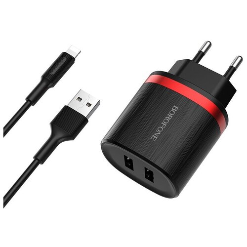 фото Сетевое зарядное устройство 2xusb с кабелем lightning borofone ba7a flashplug - черное