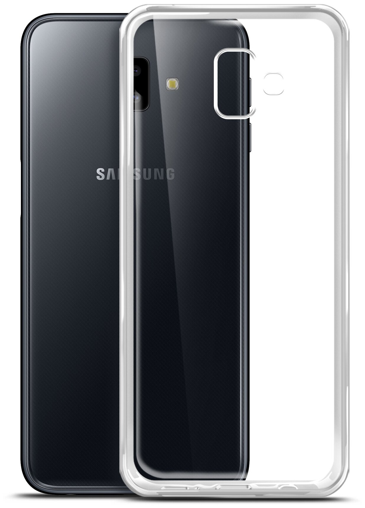 Чехол на Samsung Galaxy J6+ (2018) (Самсунг Галакси Джей 6+) прозрачный силиконовый бампер накладка с защитой (бортиком) вокруг камер Brozo