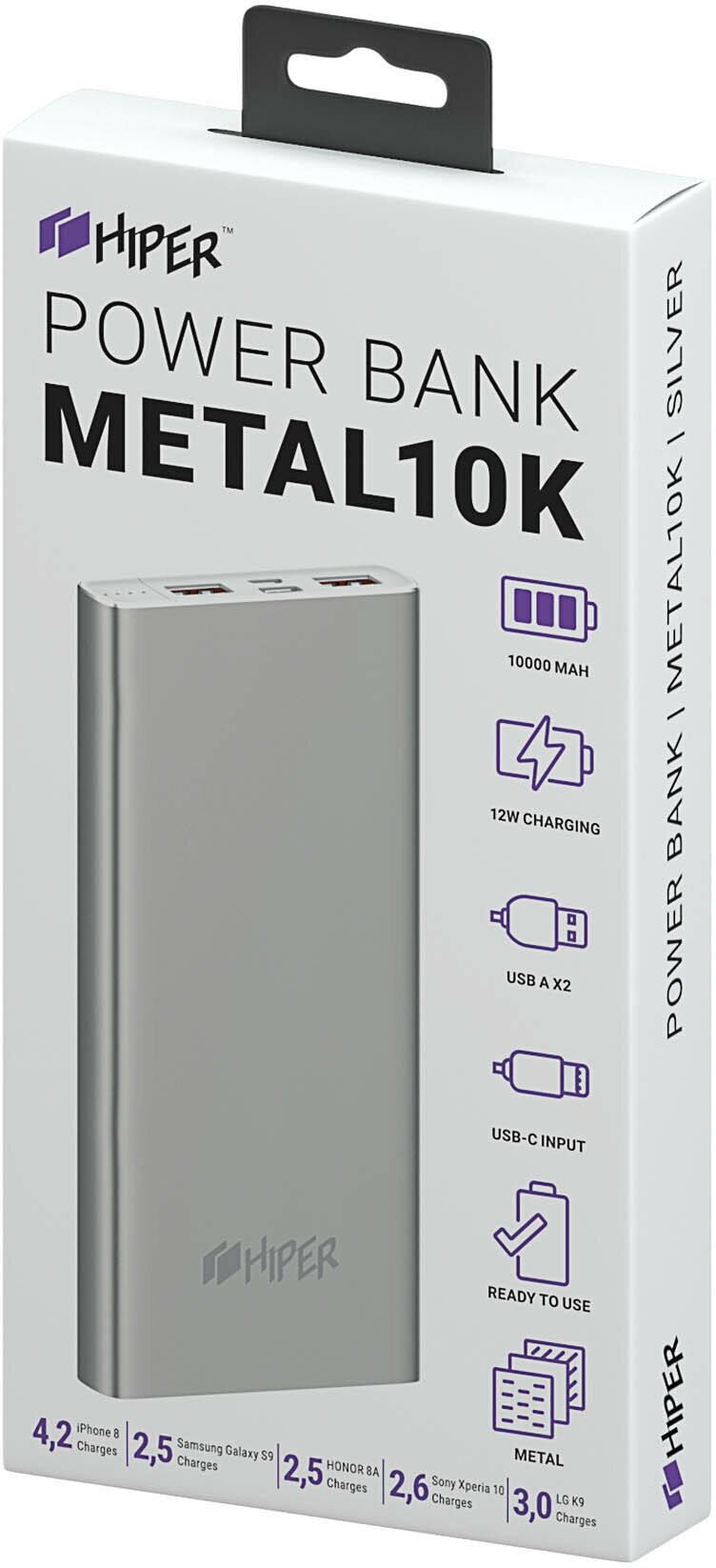 Внешний аккумулятор Hiper Metal 10K 10000mAh 2.4A 2xUSB серебристый (METAL 10K SILVER) - фото №3