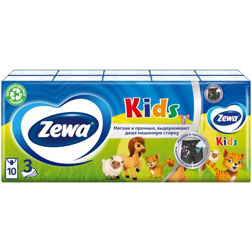 Детские Платочки Бумажные Носовые Zewa Kids, 3 слоя, 10 шт