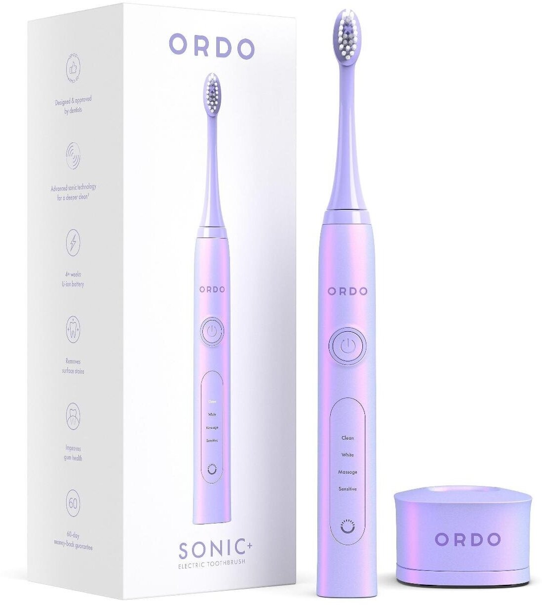 Электрическая зубная щетка ORDO Sonic+ звуковая, 4 режима чистки, таймер на 2 мин, USB зарядка, с влагозащитой, фиолетовая