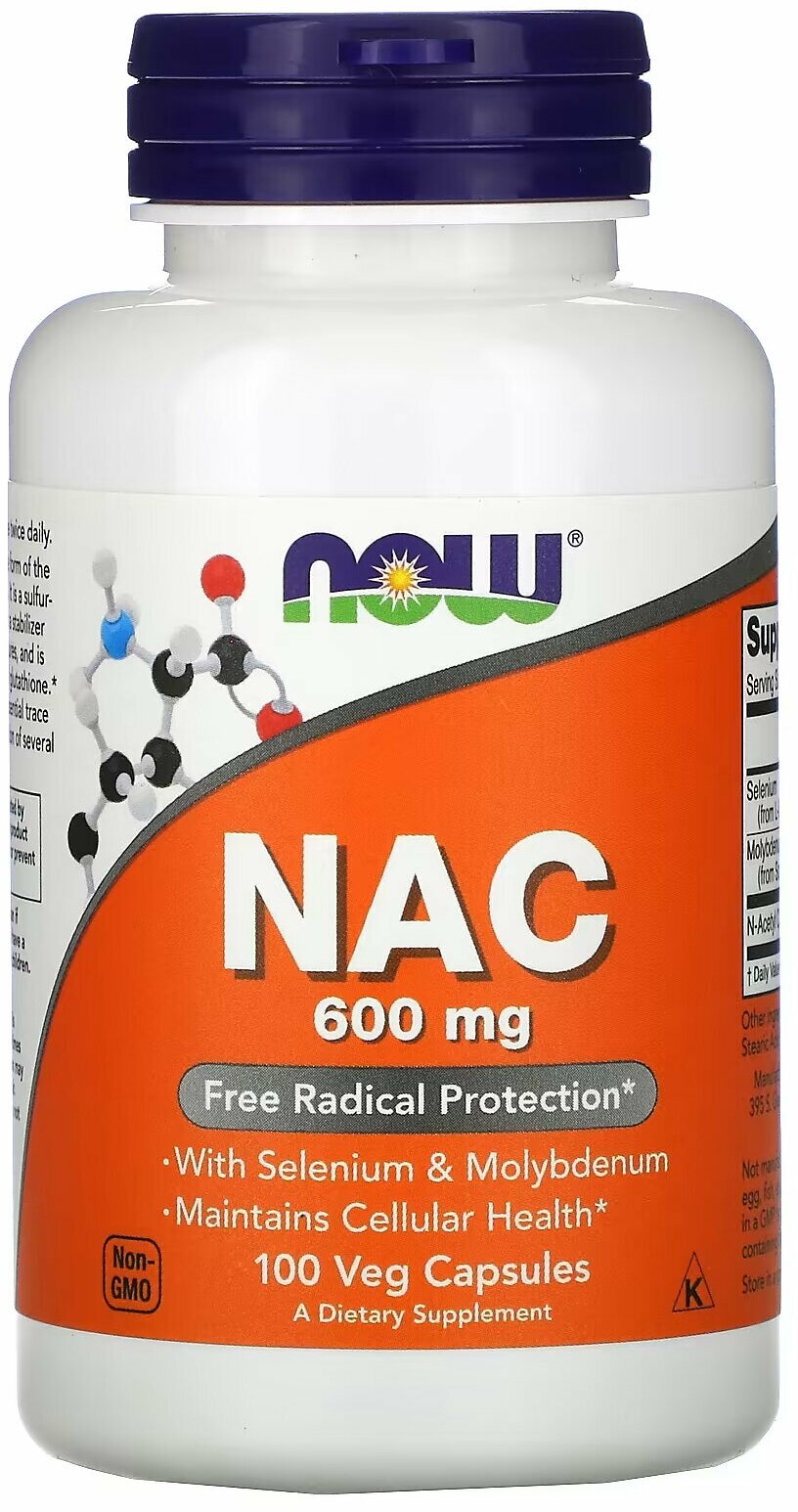 N-ацетилцистеин Now Foods NAC, 600 мг, 100 вегетарианских капсул