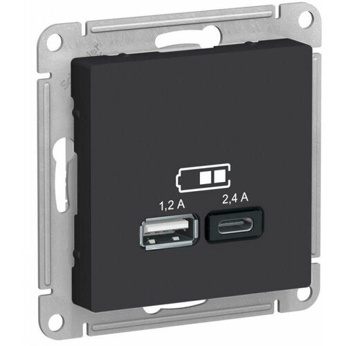 Розетка USB AtlasDesign тип A+C 5В/2.4А 2х5В/1.2А механизм карбон SE ATN001039 розетка usb systeme electric atlasdesign atn001039 скрытая установка карбон два модуля usb типы a и c