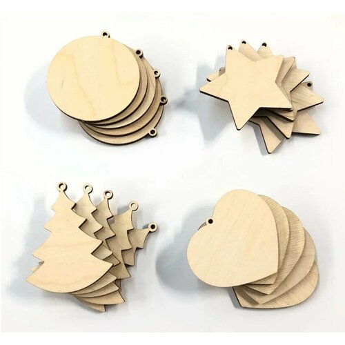Заготовка деревянная (20 шт) для декорирования звезда, елочка, круг, сердце, фанера 3мм, высота 7 см