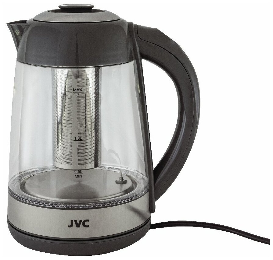 Чайник электрический JVC 1.7л с регулировкой температуры 40-100 гр, съемная заварочная колба, разноцветная LED подсветка, стеклянный, 2200 Вт