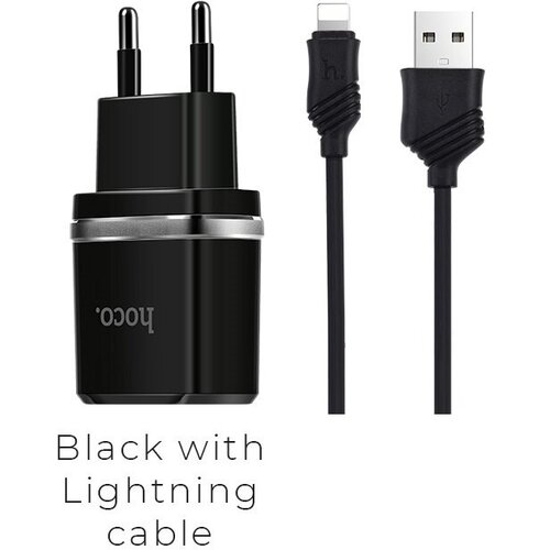 СЗУ HOCO C12 Smart 2xUSB, 2.4А USB кабель Lightning 8-pin, 1м (черный) сзу hoco c12 smart 2xusb с кабелем lightning белый