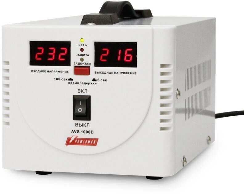 Стабилизатор напряжения Powerman AVS-D Voltage Regulator 1000VA Digital Indication 2x Schuko Outlets 1m Power Cord 230V 1 year warranty White