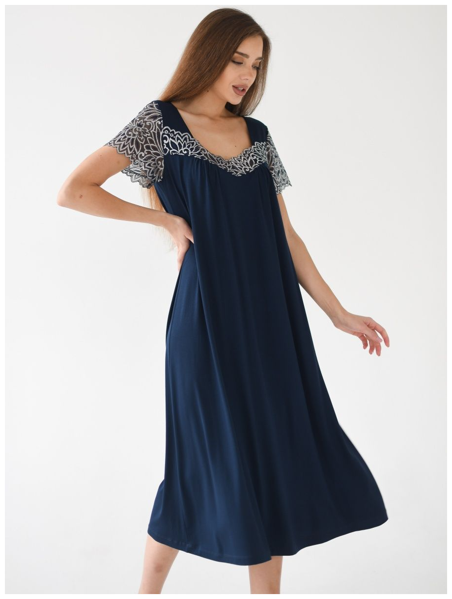 Ночная сорочка вискоза Премиум качество, темно-синяя, Велина, размер 52, Текстильный край - фотография № 4