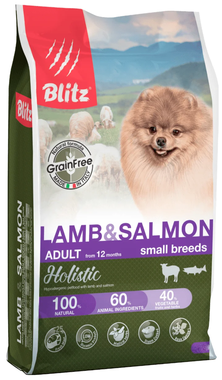 Blitz Беззерновой корм для собак мелких пород ягненок лосось BDD32-1-00500, 0,500 кг (10 шт)