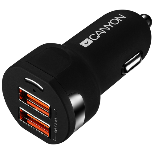 фото Автомобильное зарядное устройство canyon universal 2xusb car adapter, input 12v-24v, output 5v-2.4a, with smart ic, black rubber coating with silver electroplated ring